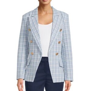 Attitude Unlnown Double-Breasted Light Blue Plaid Tweed Blazer with Gold Buttons